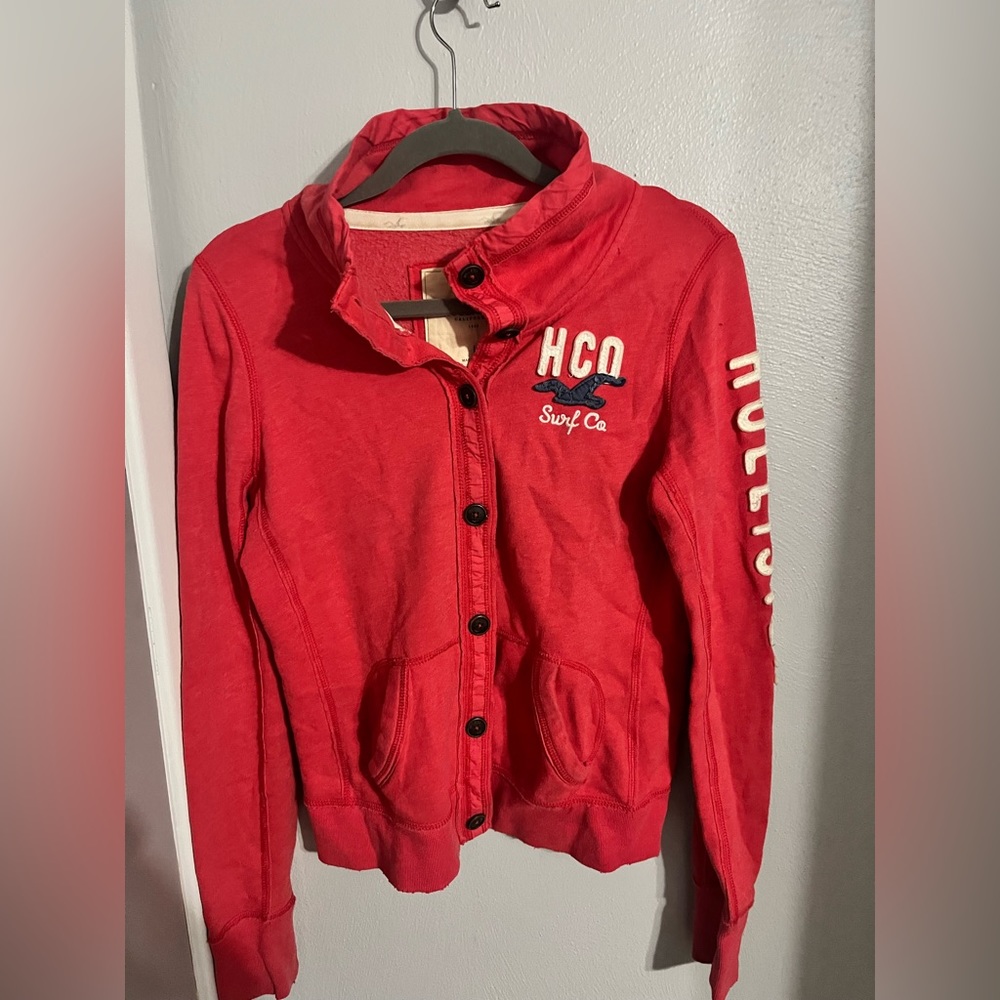 Coral pink Hollister button up hoodie. Size large. 2000s